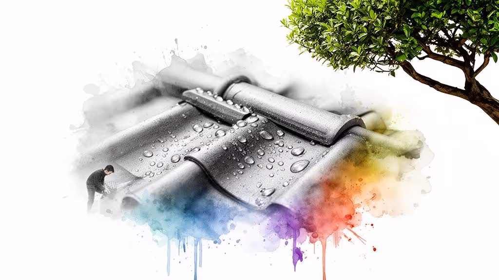 Mann reinigt Dachziegel mit Wassertropfen, umgeben von bunten Aquarellspritzern und grünem Baum.