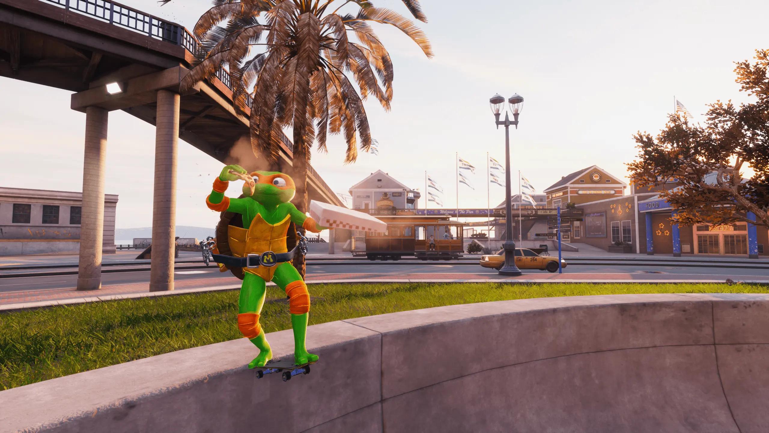 Teenage Mutant Ninja Turtle, performing a special lip trick while eating a slice of pizza, in Tony Hawk's Pro Skater 3 +4