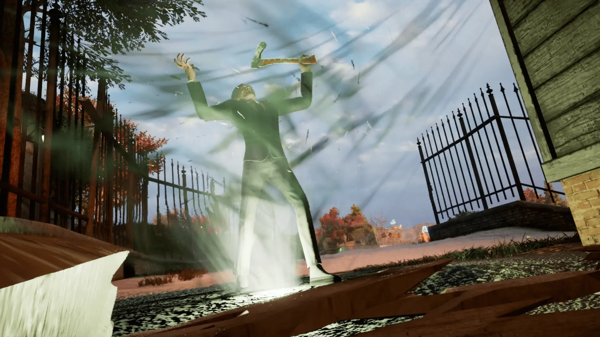 An image of the "Thin Man" from Tony Hawk's Pro Skater 3 + 4 holding an ax with visual effects surrounding him