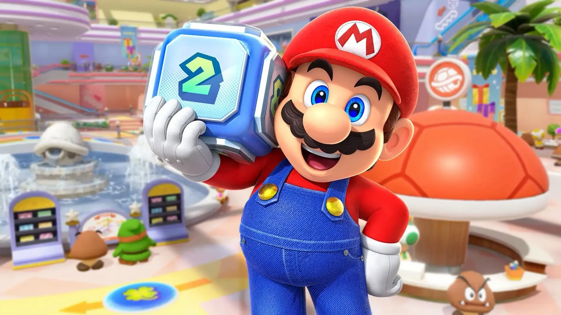 Mario holding a die in front of a Mario Party map