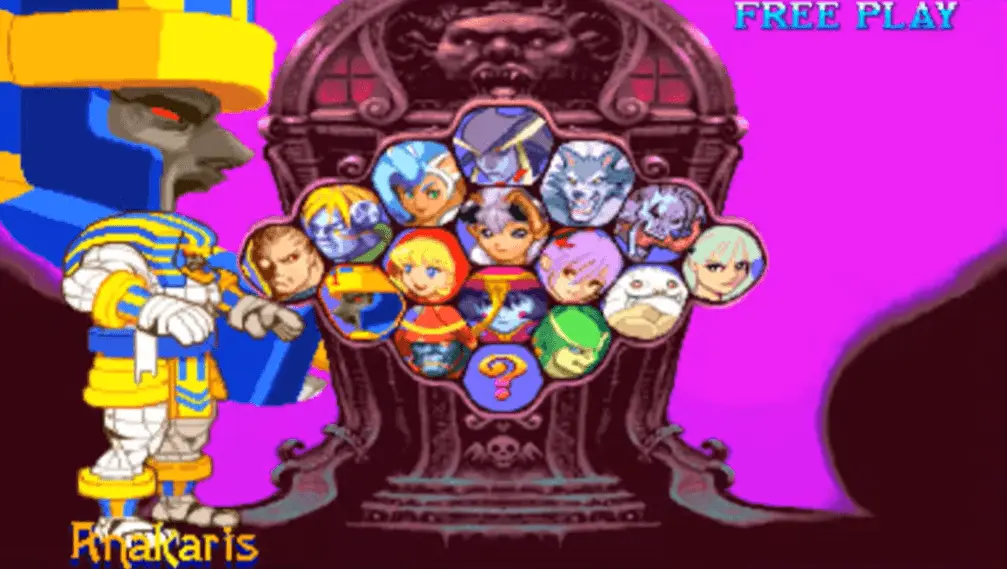Vampire Savior's character select screen with Anakaris hovered