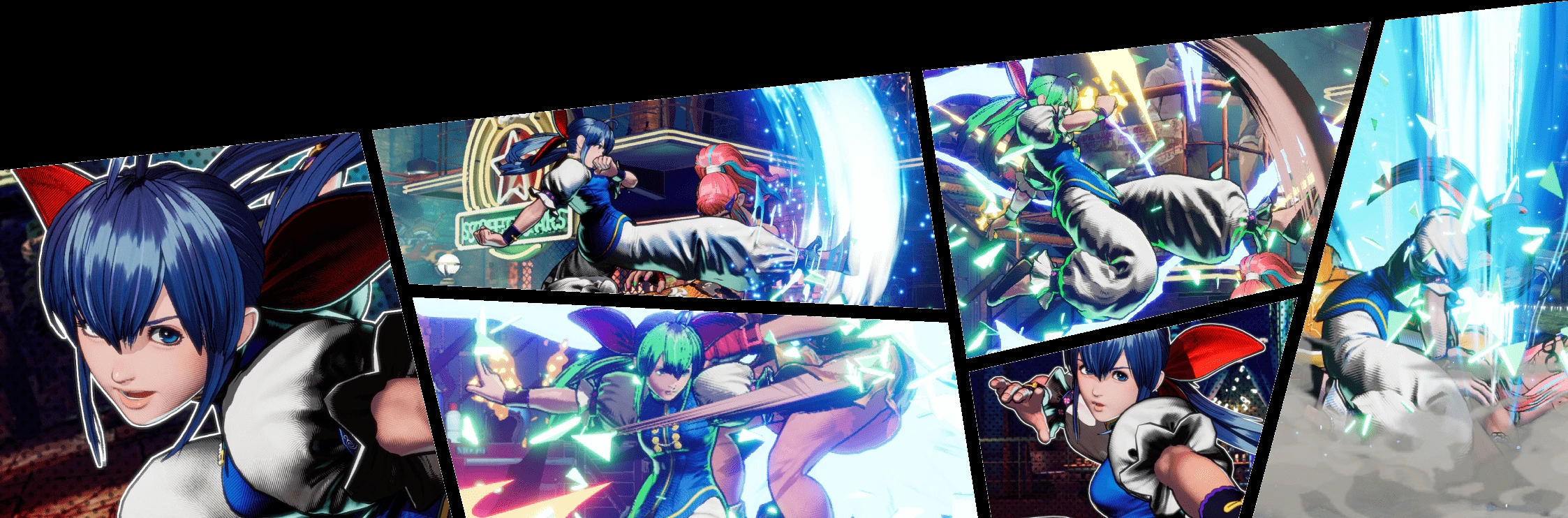 A comic book style display of 6 images of Hotaru from Fatal Fury: City of the Wolves