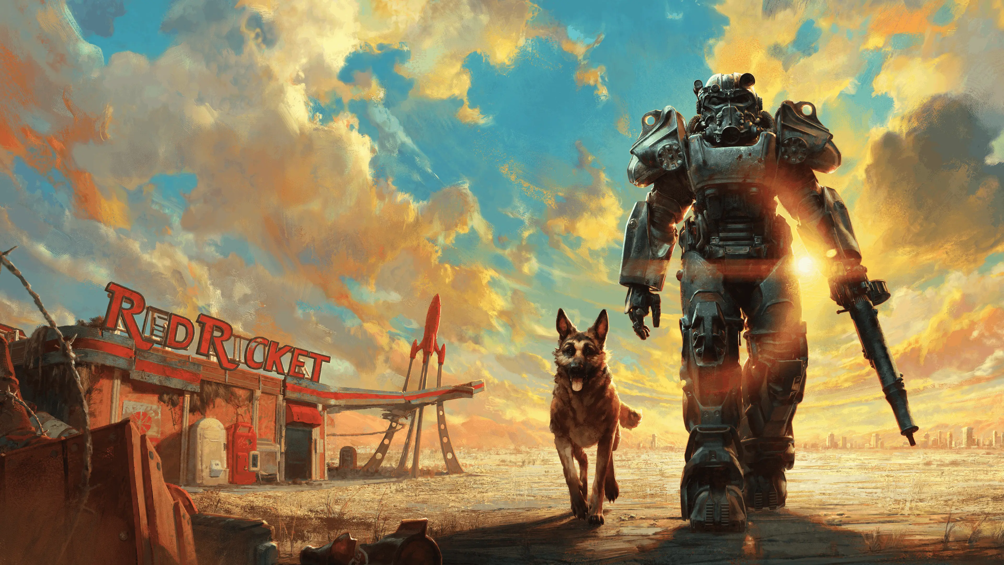 Hero art of a character wearing Robot armor, accompanied by Dogmeat, spotted in a desolate land in the world of Fallout