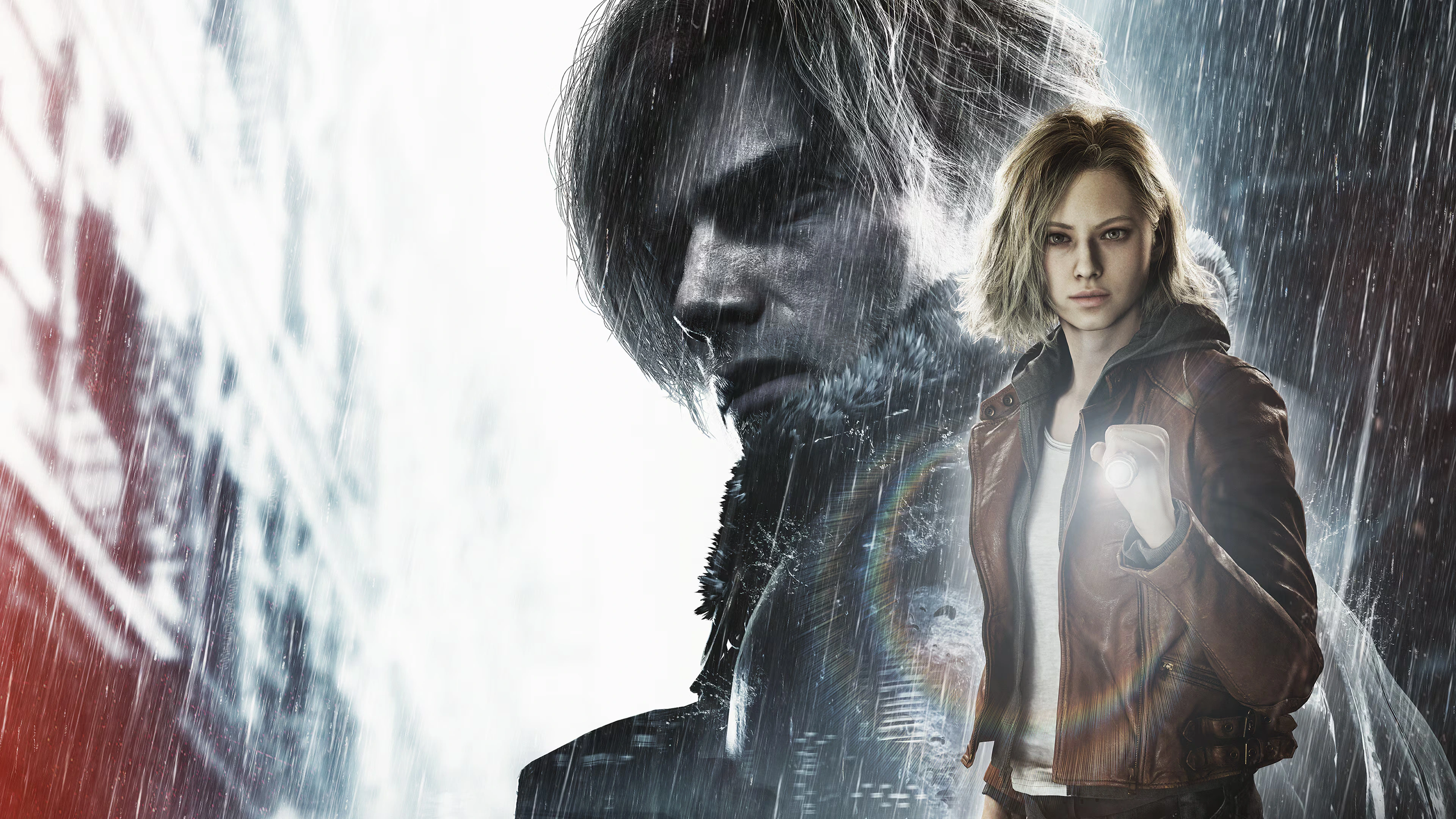 Hero art of Leon Kennedy and Grace Ashcroft in the rain from Resident Evil Requiem