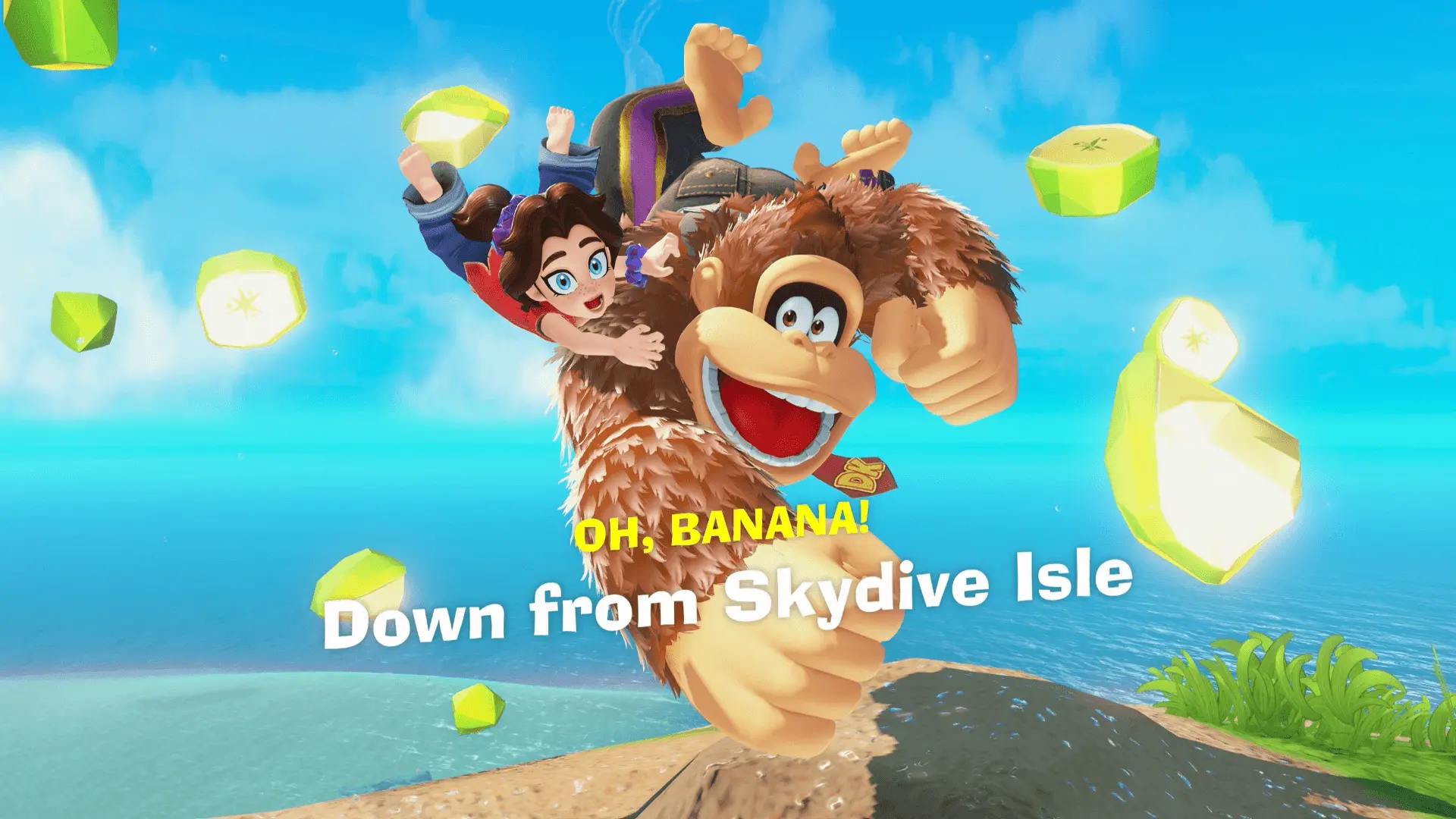 Donkey Kong and Pauline celebrating an achievement in Donkey Kong Bananza