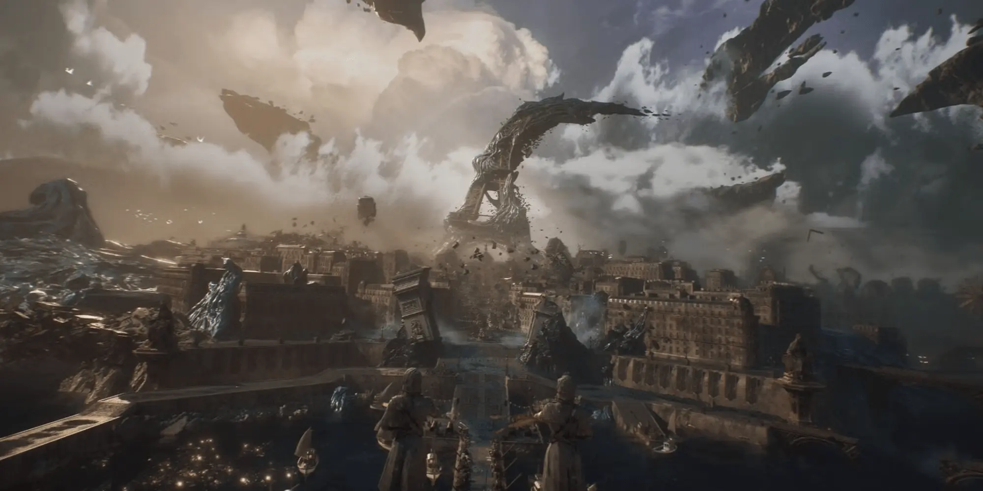 A curved looking Eiffel Tower, spotted in a city that looks damaged from the happenings in Clair Obscur: Expedition 33