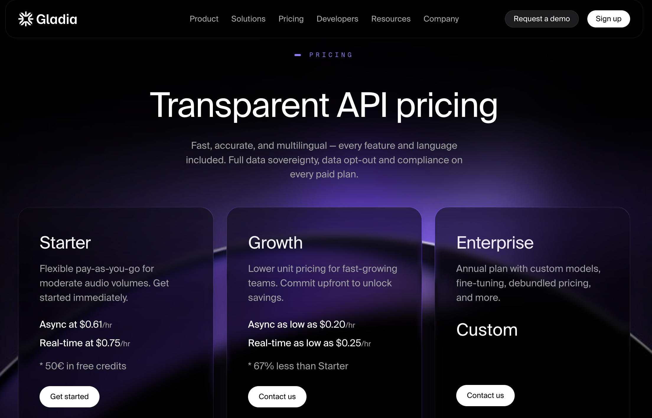 Gladia pricing page