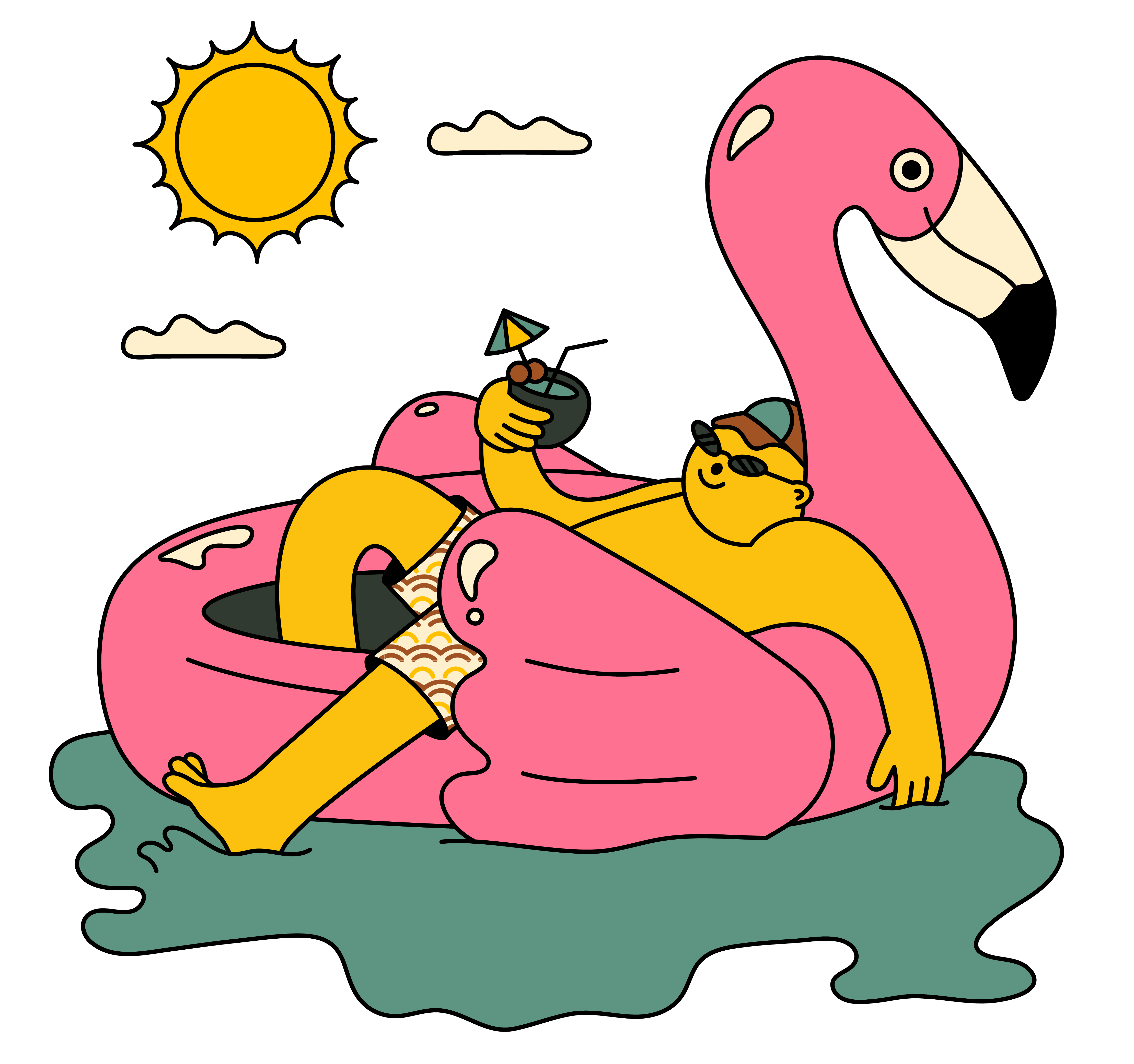 illustrated man relaxing in the water with a flamingo floatie