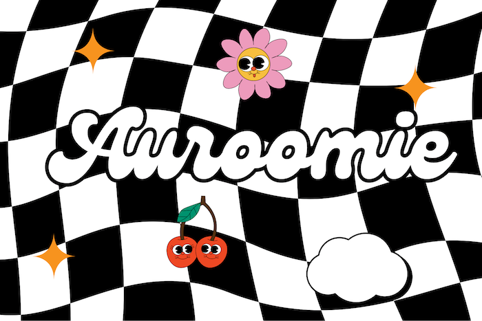Black and white checkboard banner with the Brand name Auroomie in a funky groovy font.