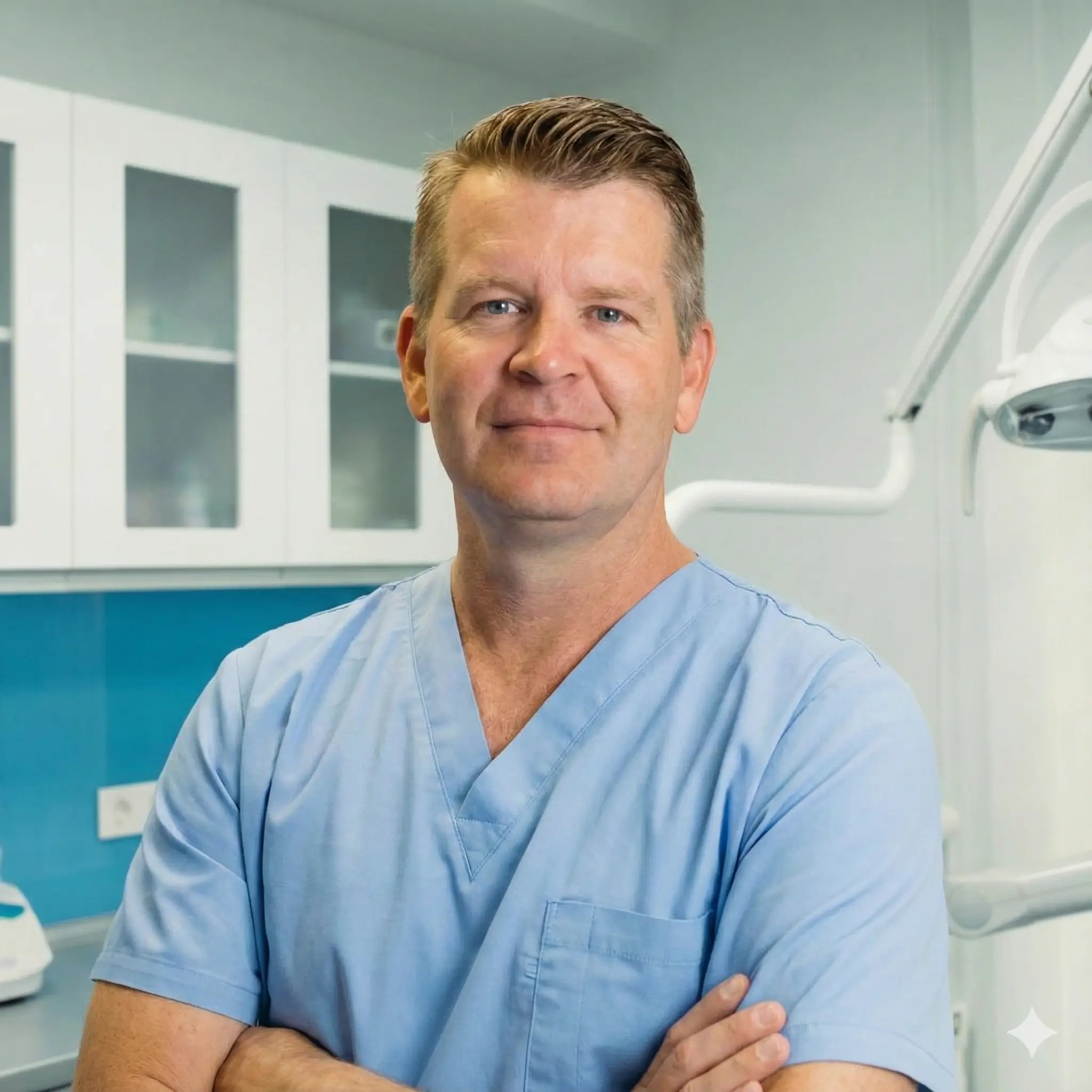 Male healthcare professional in blue scrubs with arms crossed standing in a medical or dental office.