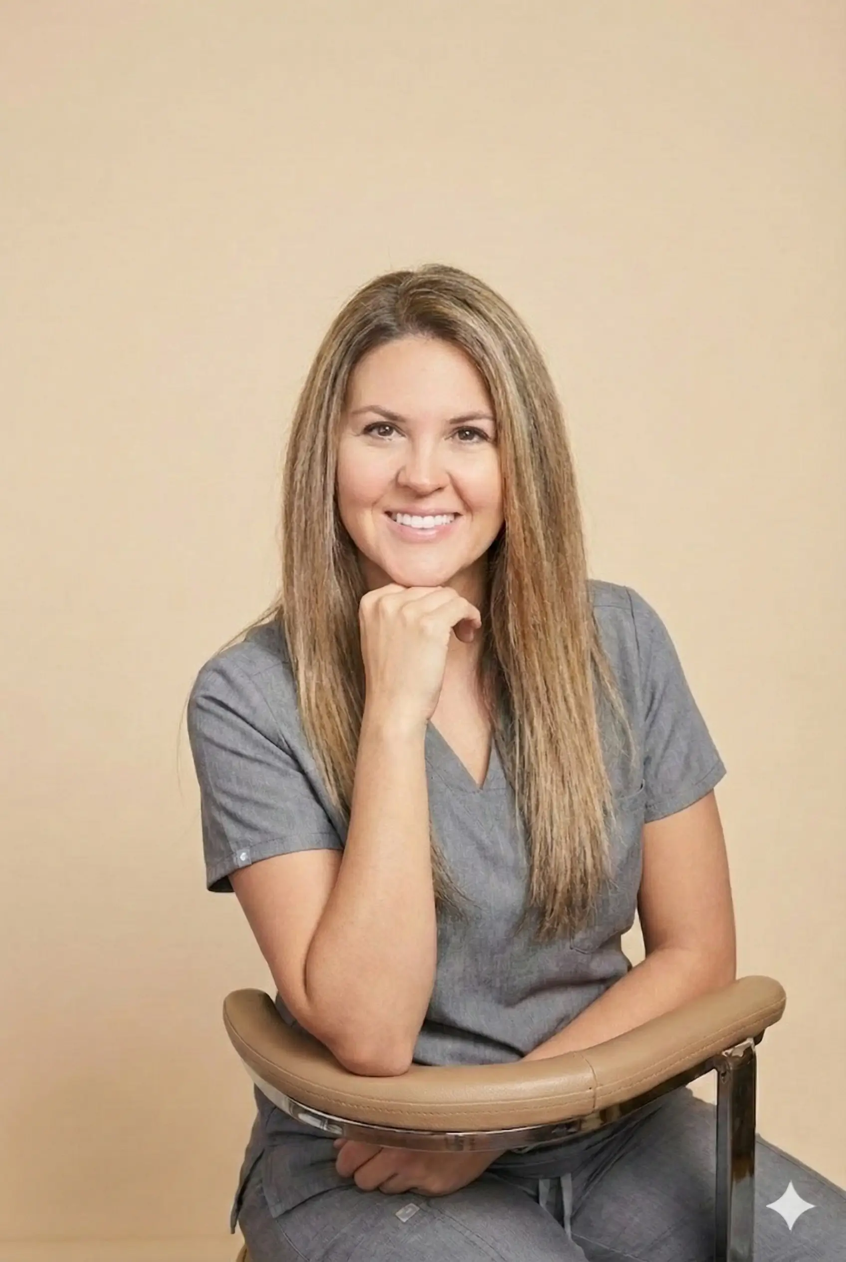 Smiling woman with long blonde hair wearing gray scrubs, resting her chin on her hand while sitting on a chair with a beige backrest.