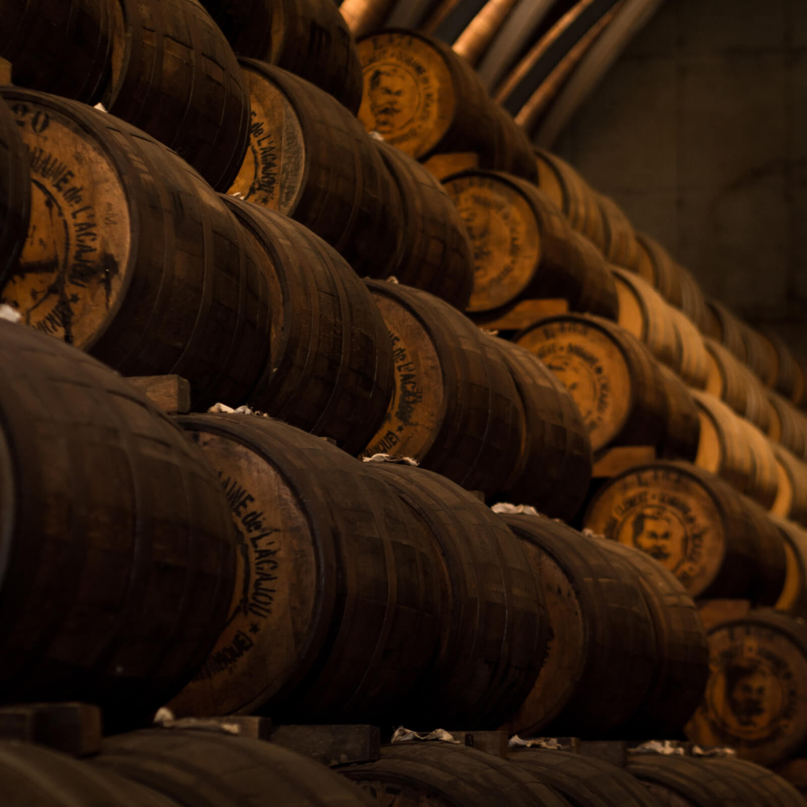 A photo of casks in a warehouse.