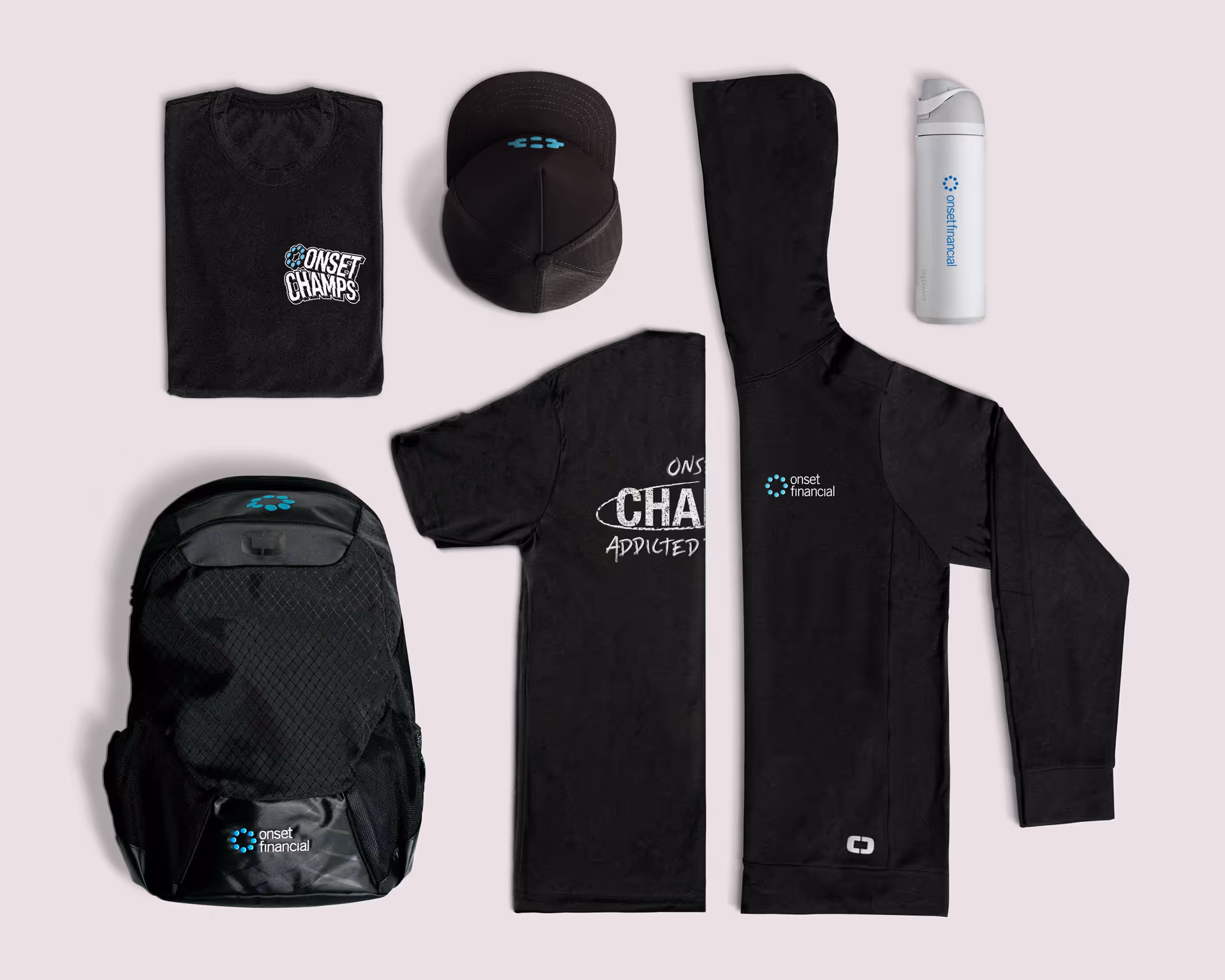 a flatlay image of branded swag, including 2 t-shirts, hat, hoodie, water bottle, and a backpack