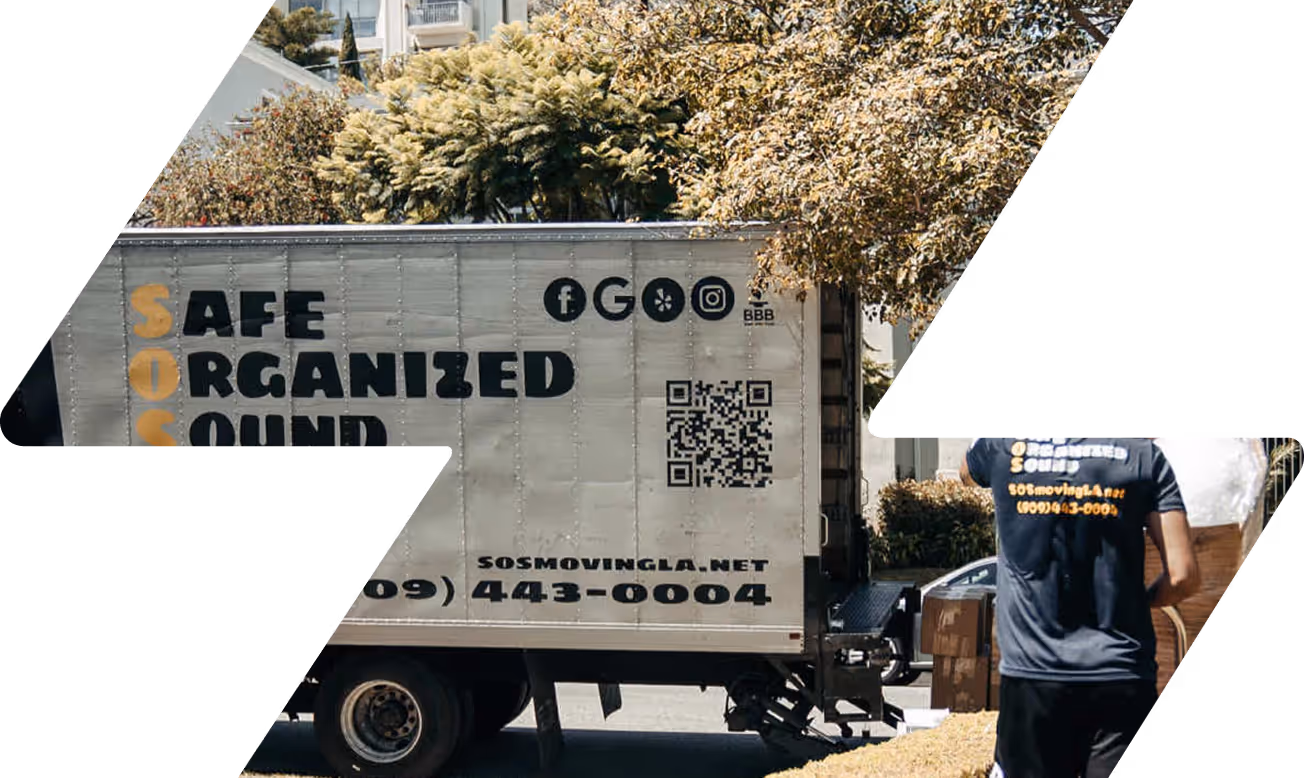 SOS Moving LA truck with text Safe Organized Sound, website sosmovingla.net, phone number, and social media icons beside a person carrying a box.