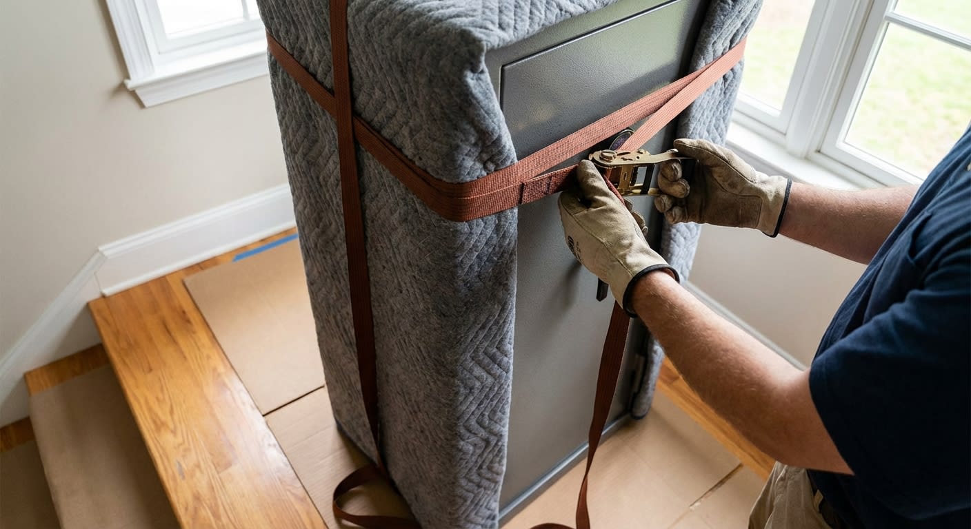 Close-up of professional mover securing thick moving blankets around a tall gun safe with ratchet straps inside a moving truck, protective padding visible on truck walls, focused concentration on the