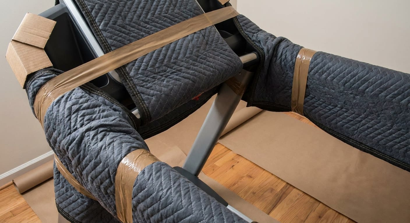 Close-up of mover's hands securing moving straps around a folded treadmill on an appliance dolly, protective floor runners visible in hallway behind, professional moving equipment and gloves shown