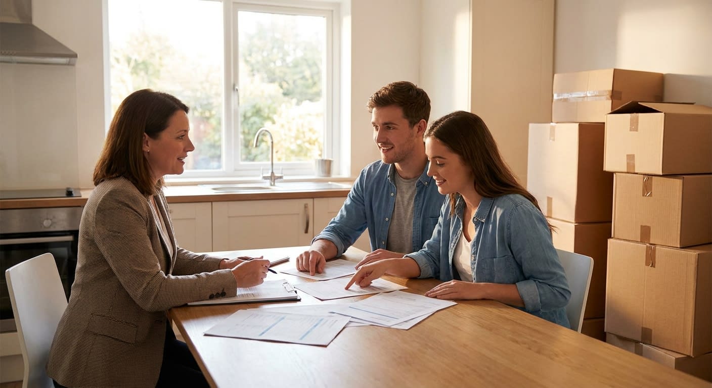 Customer relations manager reviewing moving paperwork with young professional couple at kitchen table, moving boxes stacked in background, warm natural lighting through window