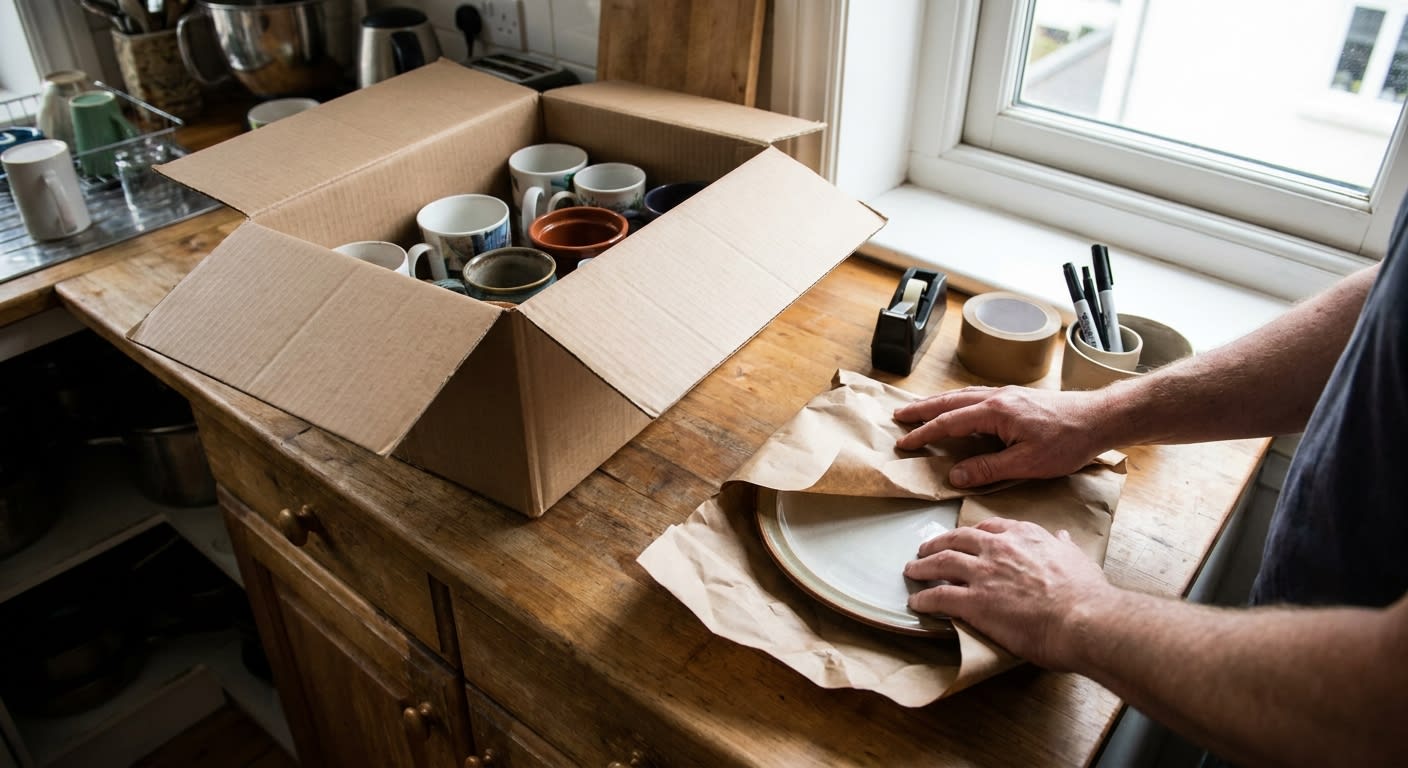 Hands wrapping dishes in packing paper at a compact kitchen counter in a studio apartment, open box nearby with kitchen items visible, organized packing supplies including tape and markers on the side