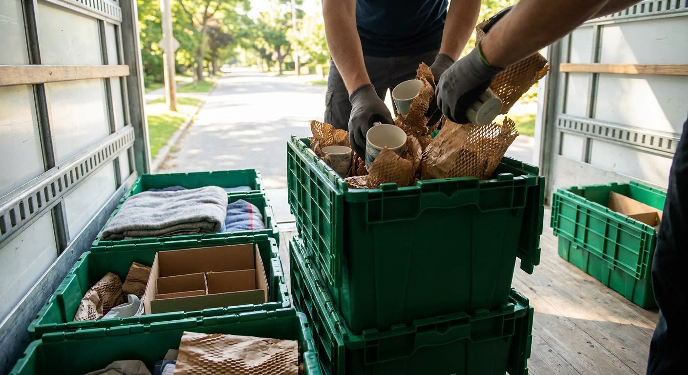 Close-up of moving crew member organizing items into green reusable plastic moving containers inside a truck, sustainable packing materials visible, natural lighting through truck door
