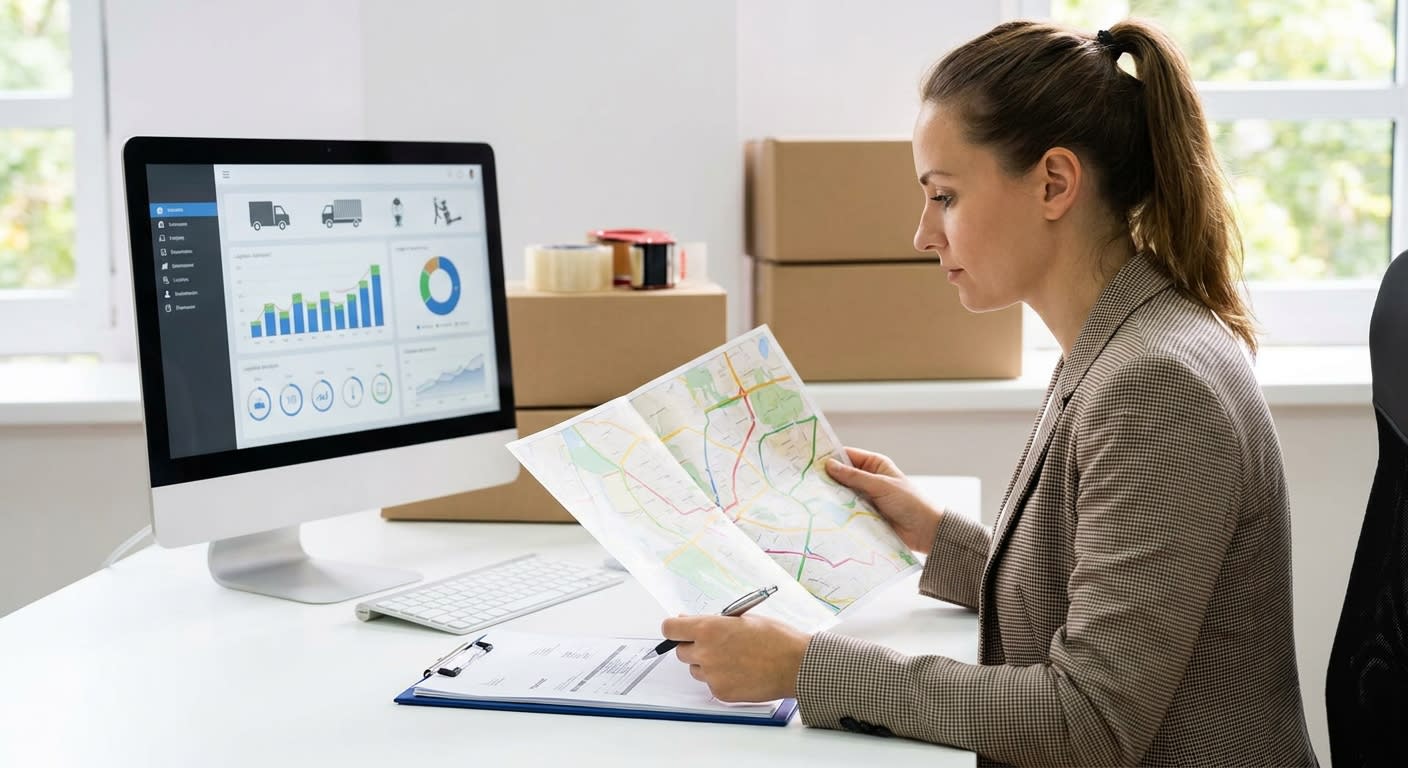 Moving coordinator reviewing paperwork and route maps at a desk with computer showing logistics software, professional office setting with moving company materials visible, natural window lighting