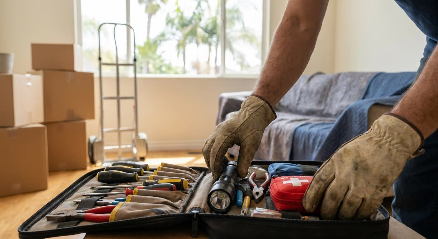 Professional mover's hands reaching into a well-stocked emergency toolkit during an active move, with moving boxes and dolly visible in background of sunny California home