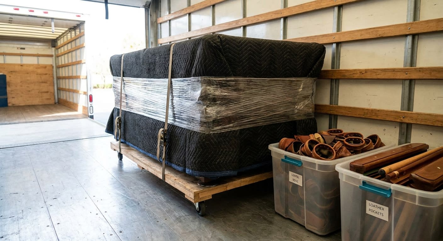 Close-up of three slate pool table sections wrapped in heavy moving blankets and stretch wrap, secured on a furniture dolly inside the back of a clean moving truck, leather pockets and rails neatly or