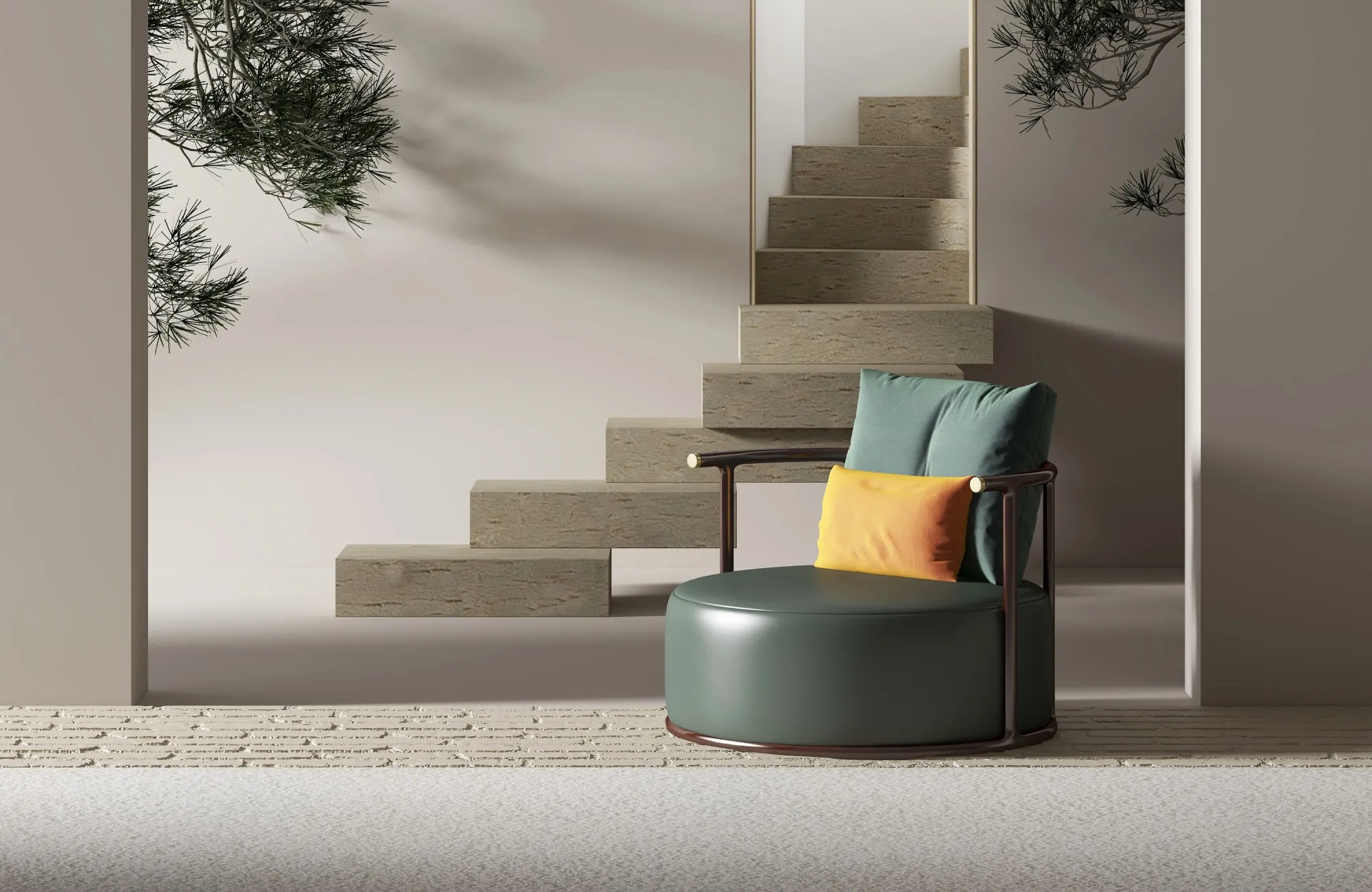 Interior with green chair and yellow pillow