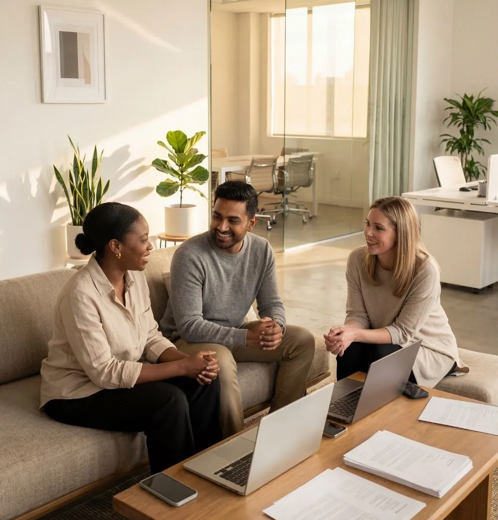three people sitting on a couch colloborating