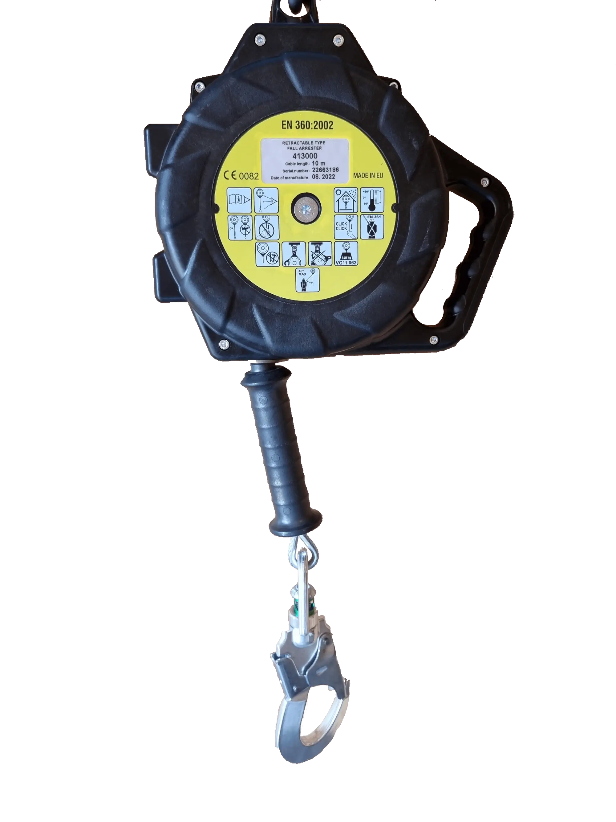 Fall arrest block with self-retracting rope and hook