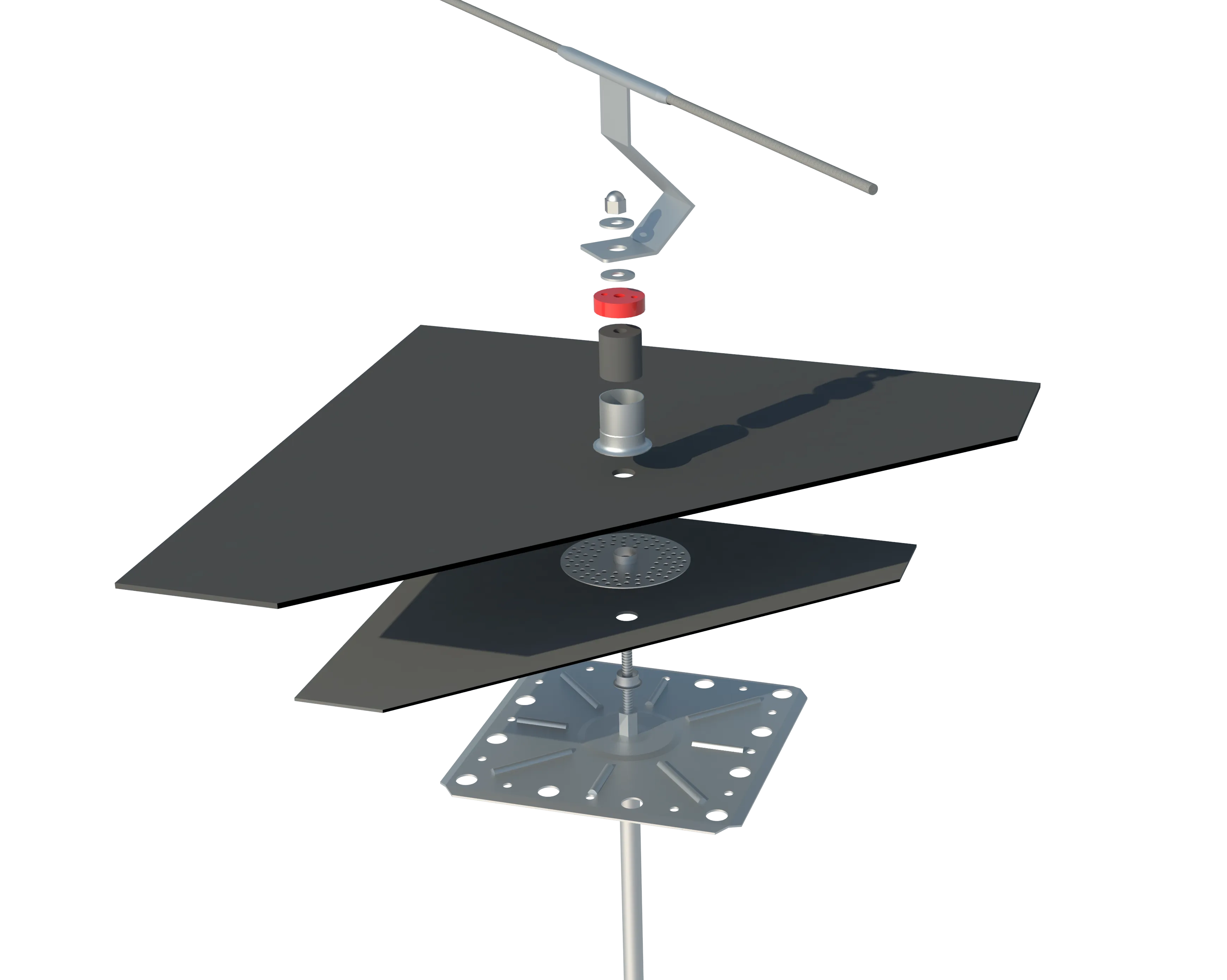 Exploded view of a metal safety foot assembly with a rod, washers, red connector, and black plates.