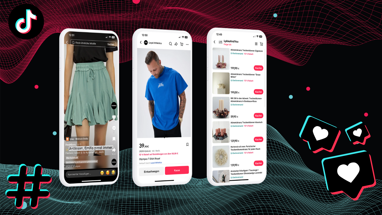 Three smartphones displaying TikTok shopping features with clothing and flower wreath products, set against a digital grid background with TikTok logos and heart icons.