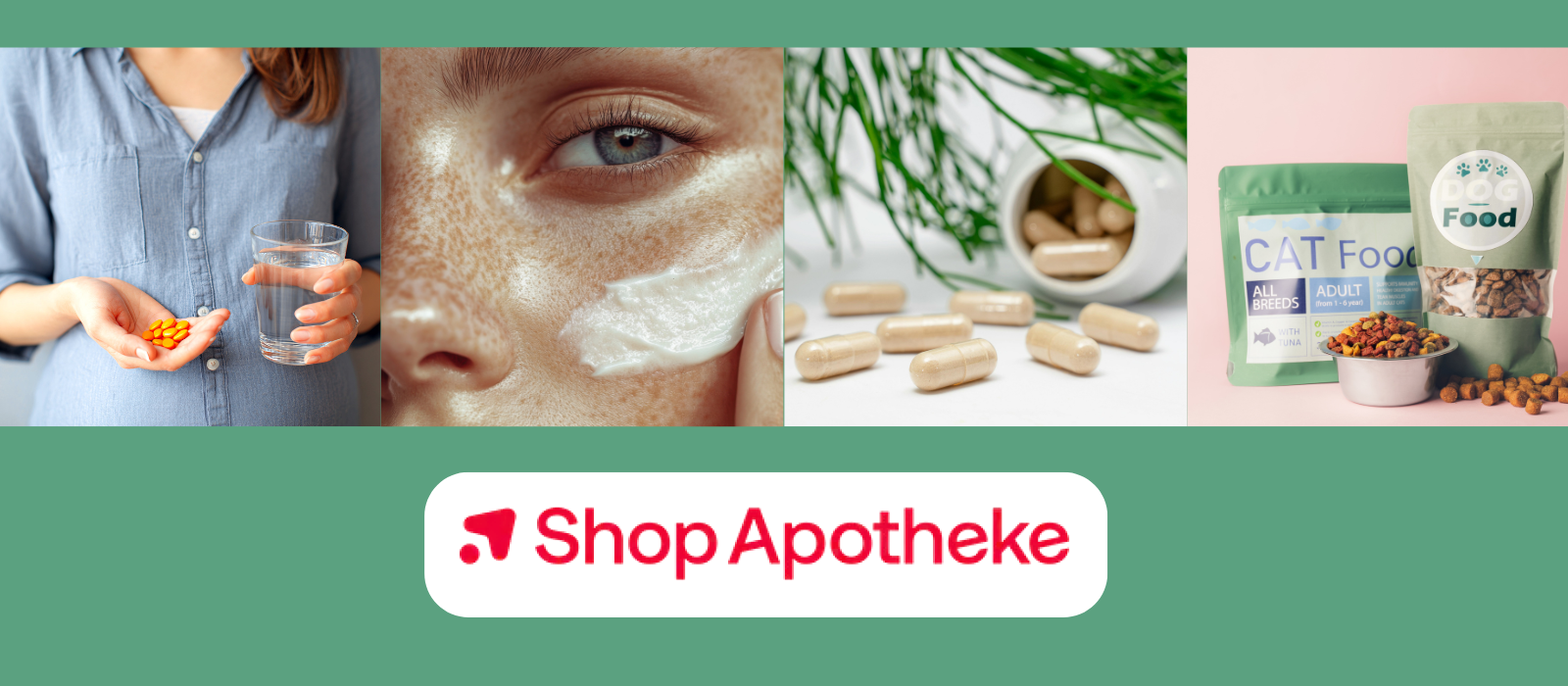 Collage of a pregnant woman holding vitamins and water, close-up of a woman applying skin cream, capsules spilling from a white bottle, and packages of cat and dog food above Shop Apotheke logo on green background.
