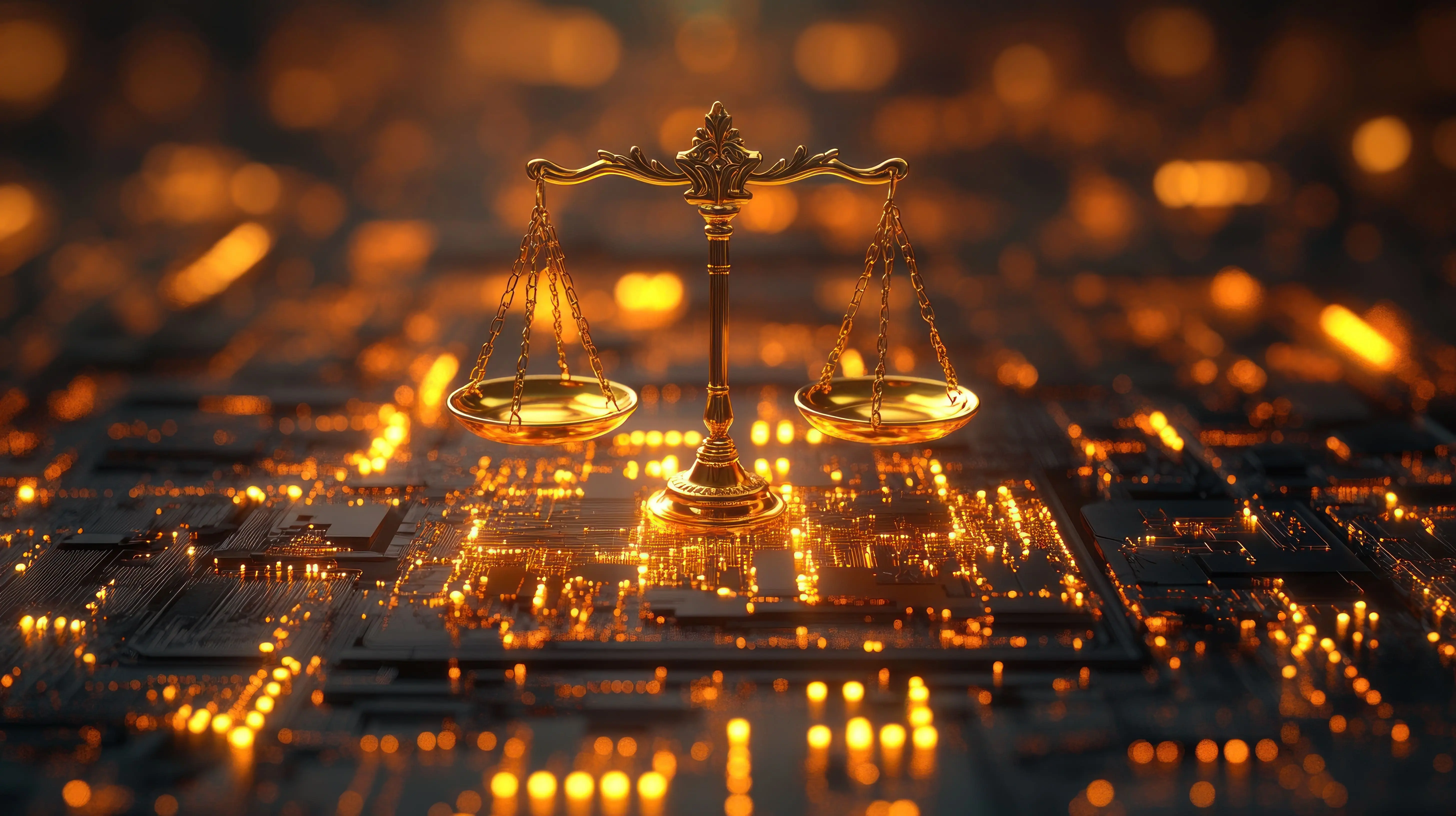 Golden scales of justice on a glowing circuit board, representing AI ethics and legal compliance