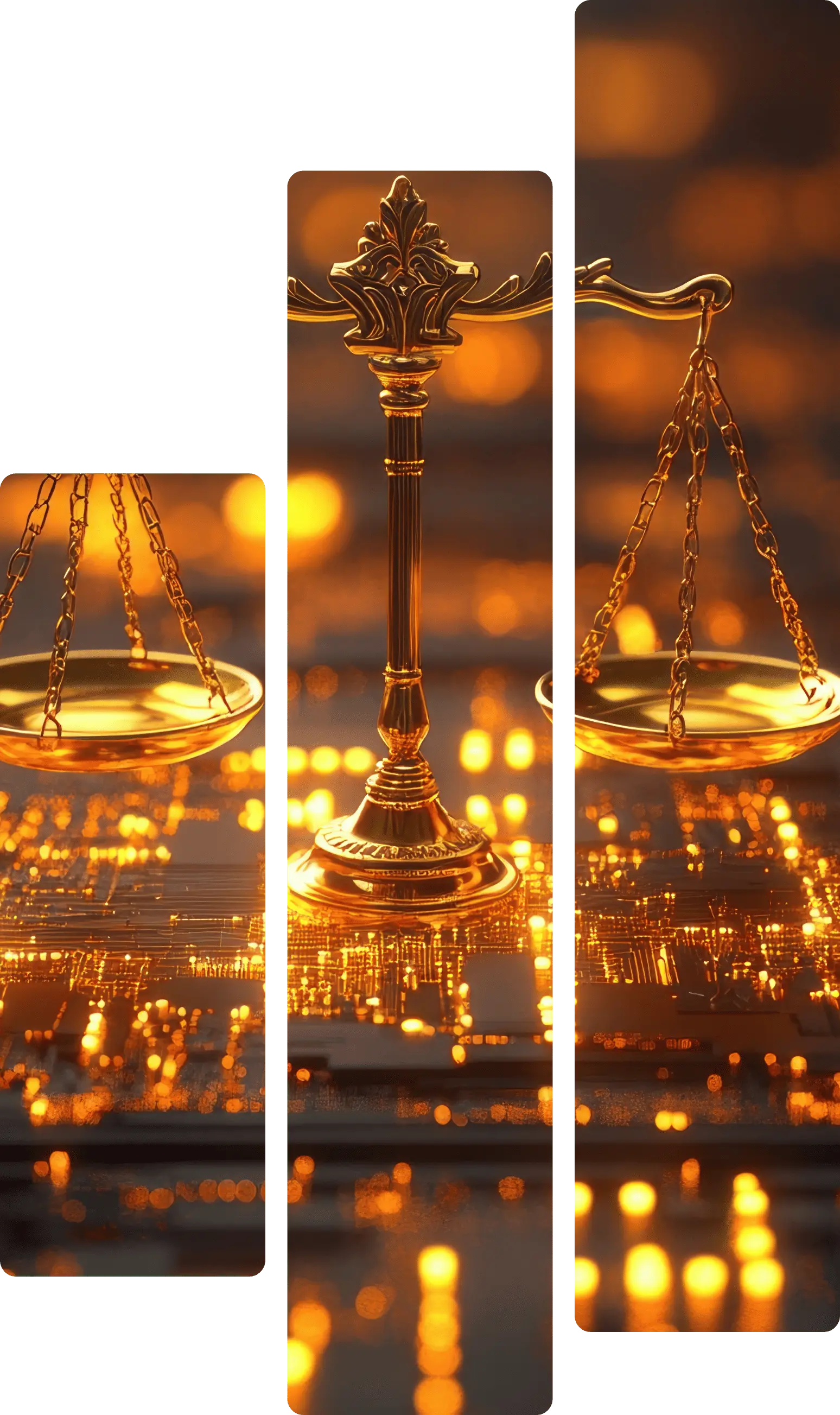 Triptych of golden scales of justice on a digital circuit board, symbolizing AI governance and legal balance