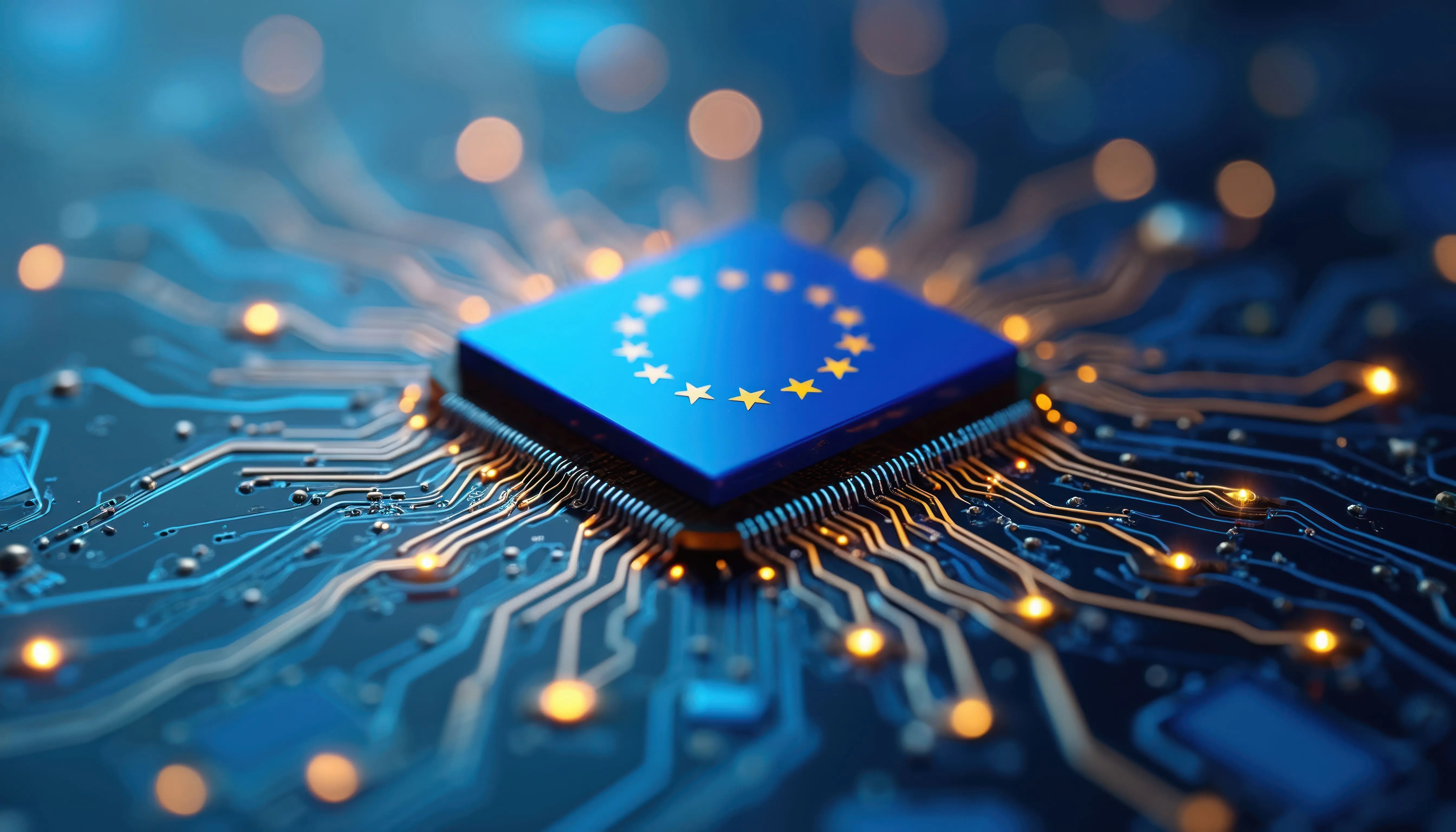 EU flag microchip on a circuit board, representing European artificial intelligence regulation
