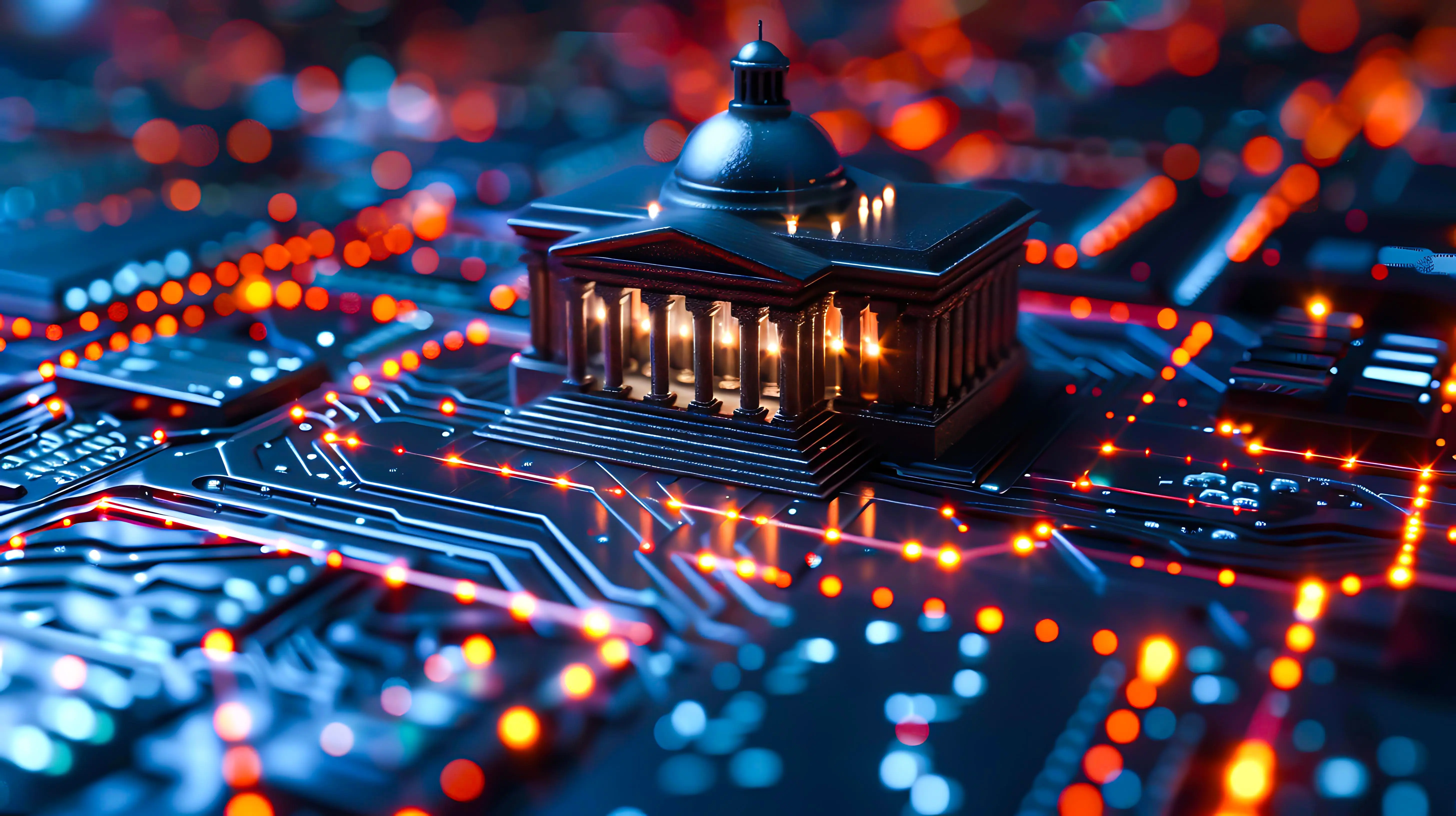 Government capitol building on a glowing circuit board, symbolizing AI governance and digital policy