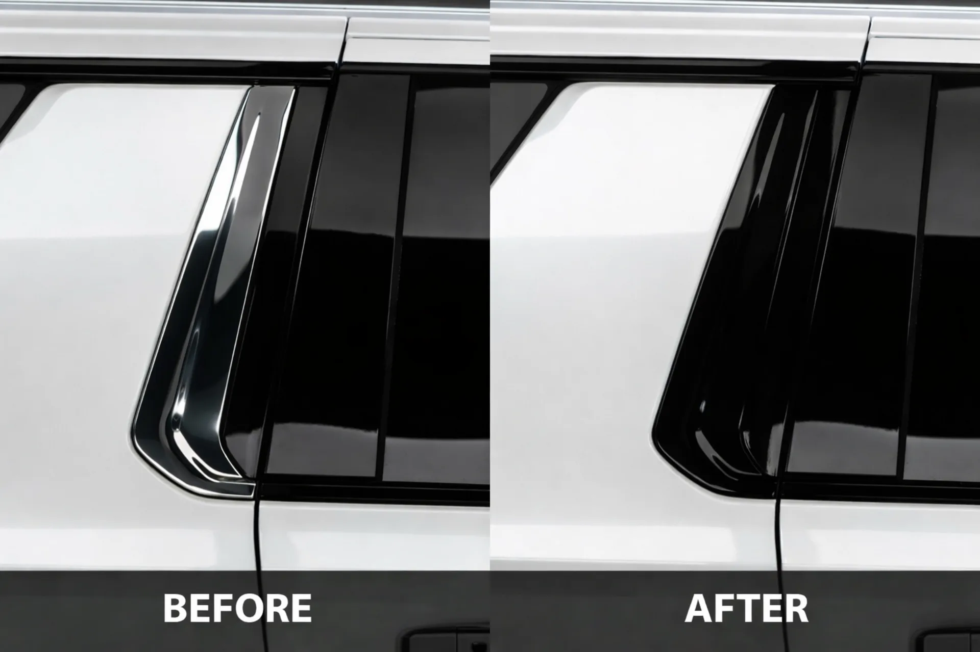Before and after chrome delete window trim blackout on an SUV, Cen Cal Tinting Fresno and Clovis CA