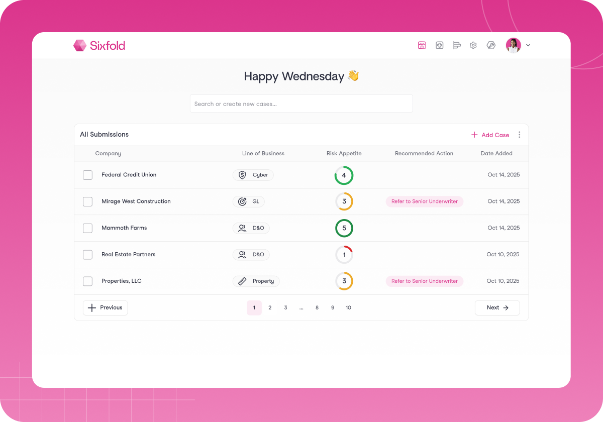 Dashboard interface showing insurance case submissions with columns for company, line of business, risk appetite with colored circles, recommended action, and date added, on a pink background.