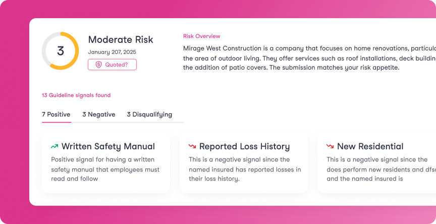 Risk report for Mirage West Construction dated January 207, 2025, showing moderate risk level 3 with 13 guideline signals including 7 positive, 3 negative, and 3 disqualifying, highlighting written safety manual as positive and reported loss history and new residential as negative signals.