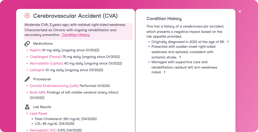 Medical record summary of Cerebrovascular Accident showing medications, procedures, lab results, and detailed condition history with symptoms and diagnosis dates.