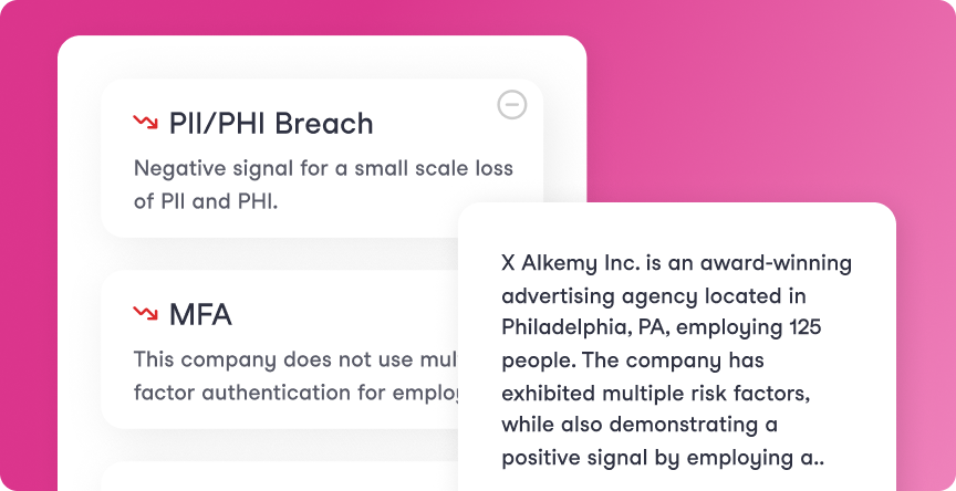 Cards displaying cybersecurity alerts: 'PII/PHI Breach' warning of small scale loss of PII and PHI, and 'MFA' noting lack of multi-factor authentication; an information card about X Alkemy Inc., an advertising agency in Philadelphia with risk factors and 125 employees.