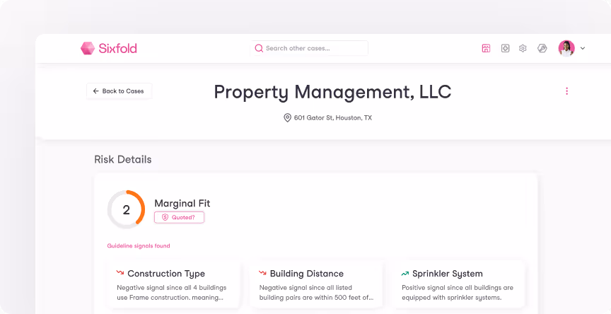 User interface screen showing risk details for Property Management, LLC at 601 Gator St, Houston, TX, highlighting a marginal fit with construction type, building distance, and sprinkler system signals.