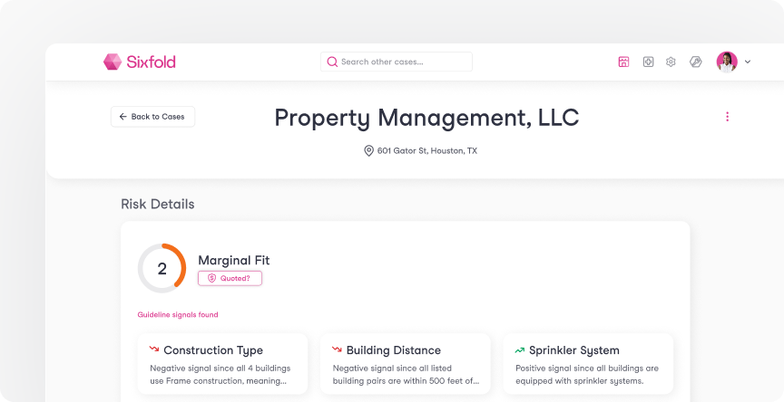 User interface screen showing risk details for Property Management, LLC at 601 Gator St, Houston, TX, highlighting a marginal fit with construction type, building distance, and sprinkler system signals.