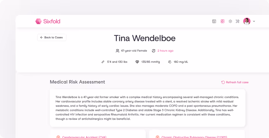 Medical risk assessment profile page for Tina Wendelboe, a 47-year-old female, showing vital stats and detailed medical history including chronic conditions and medication notes.