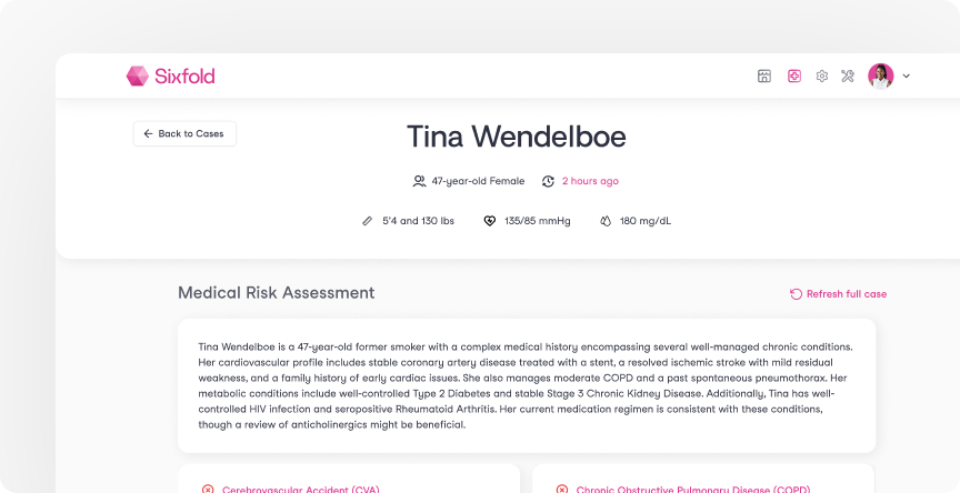 Medical risk assessment profile page for Tina Wendelboe, a 47-year-old female, showing vital stats and detailed medical history including chronic conditions and medication notes.