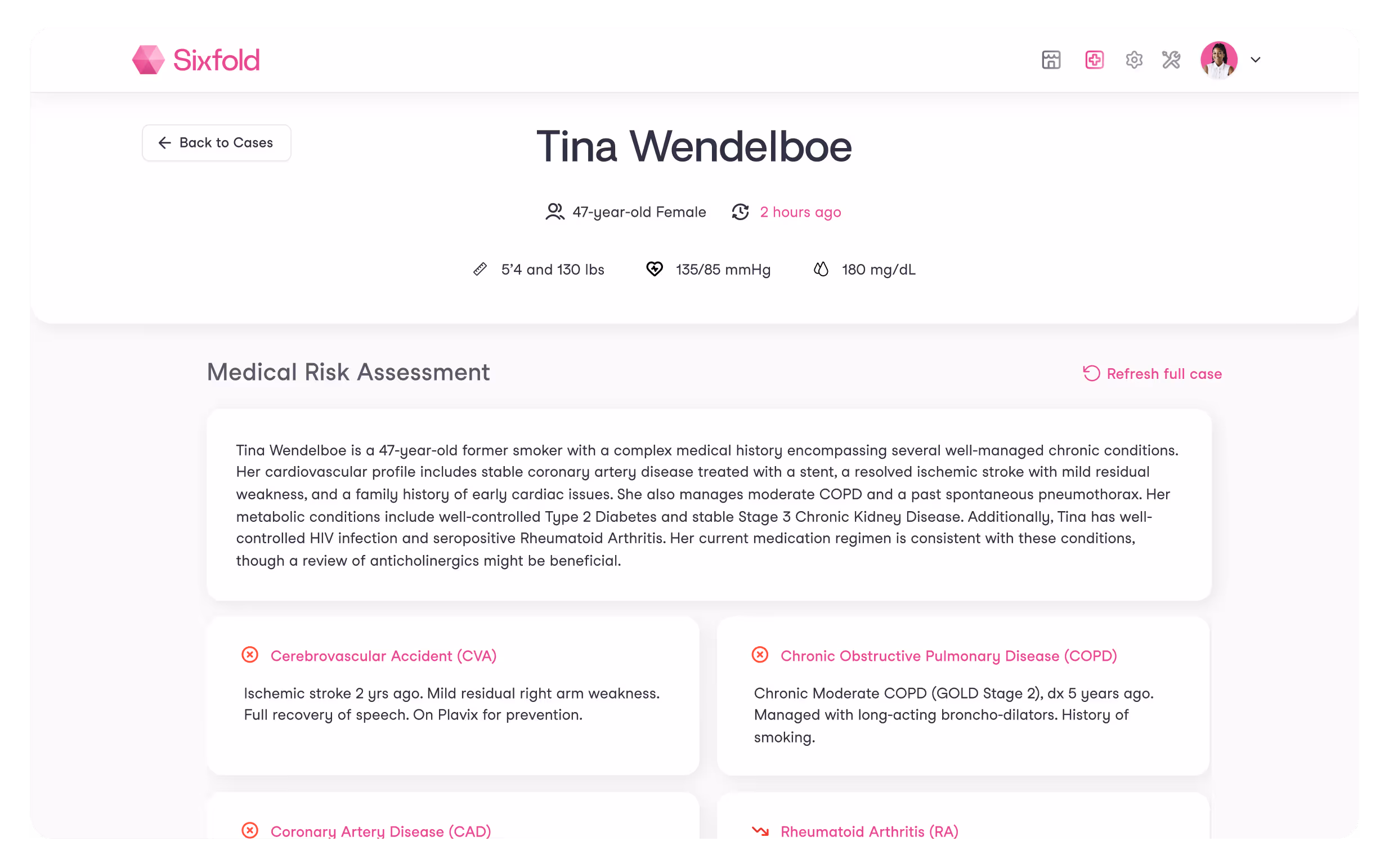 Medical risk assessment dashboard for Tina Wendelboe, a 47-year-old female with chronic conditions including ischemic stroke, COPD, coronary artery disease, rheumatoid arthritis, diabetes, and chronic kidney disease.