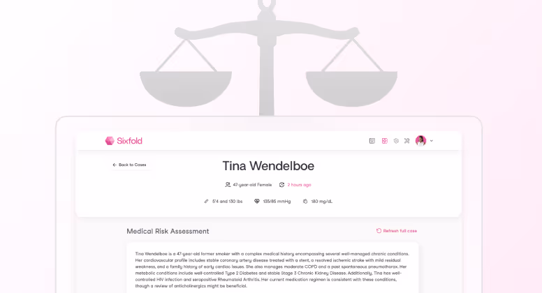 Medical case summary interface for Tina Wendelboe, a 47-year-old female showing vital signs and detailed medical risk assessment text.