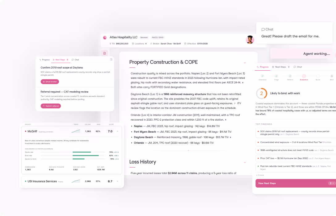 Dashboard showing property construction details, loss history, broker scores, and chat with email draft request.