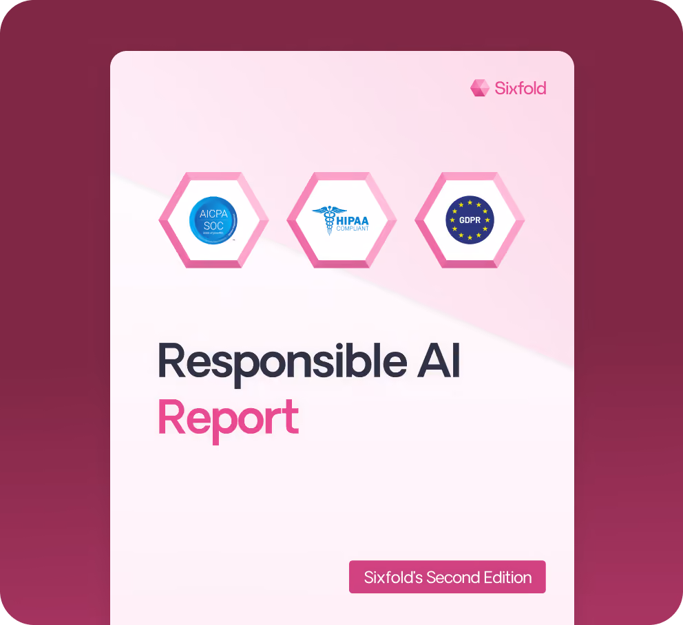 Cover of Sixfold's Responsible AI Report with AICPA SOC, HIPAA, and GDPR compliance icons.