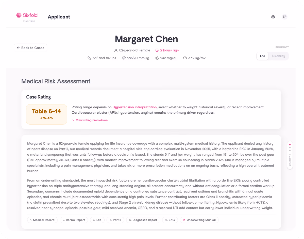 Medical risk assessment page for Margaret Chen with case rating and detailed multi-system medical history summary.